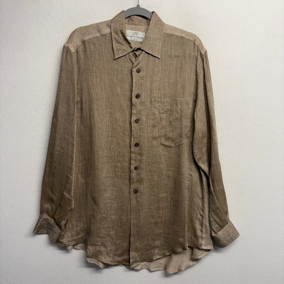 AT Anthony Tarassi 100% Linen Brown  Tan Button Down Shirt Woven Back Detail - Picture 1 of 9